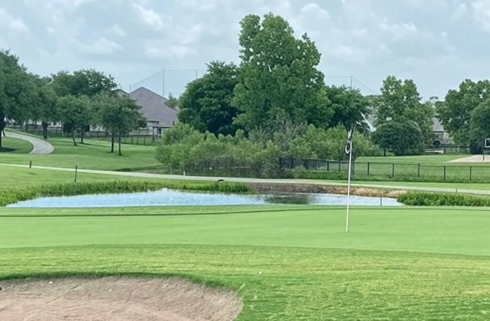 Teravista Community in Round Rock Texas view of green with home in backround via Grok