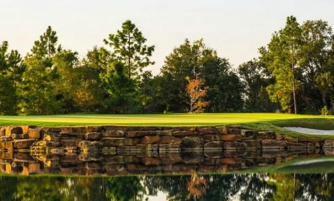 Houston Oaks Country Club & Retreat in Hockley, Texas view of elevated green with water in front